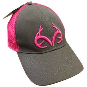 NWT Realtree Women's Truckers Hat Pink and Gray Mesh Snap Back Antler Logo New